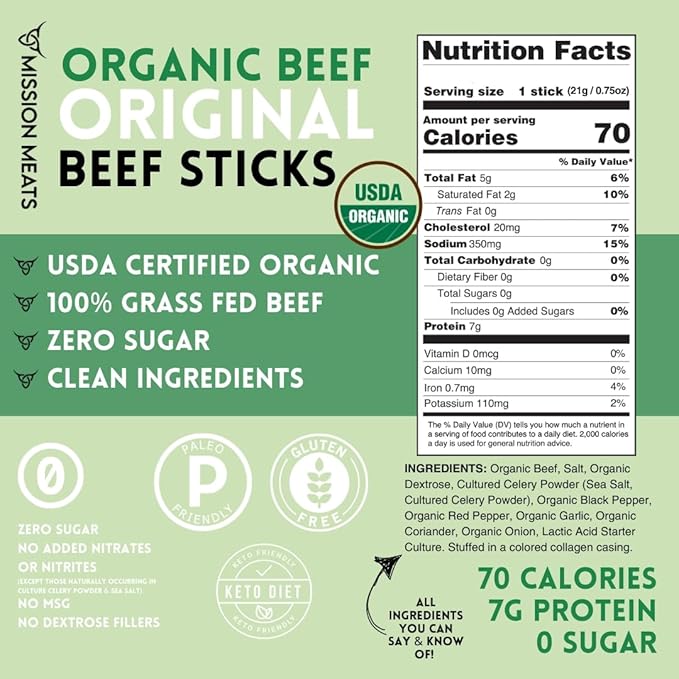 Mission Meats 100% Certified Organic Beef Sticks – Pasture-Raised Zero Sugar Non-GMO Healthy Individually Wrapped Meat Sticks Snack 0.75oz (24ct)