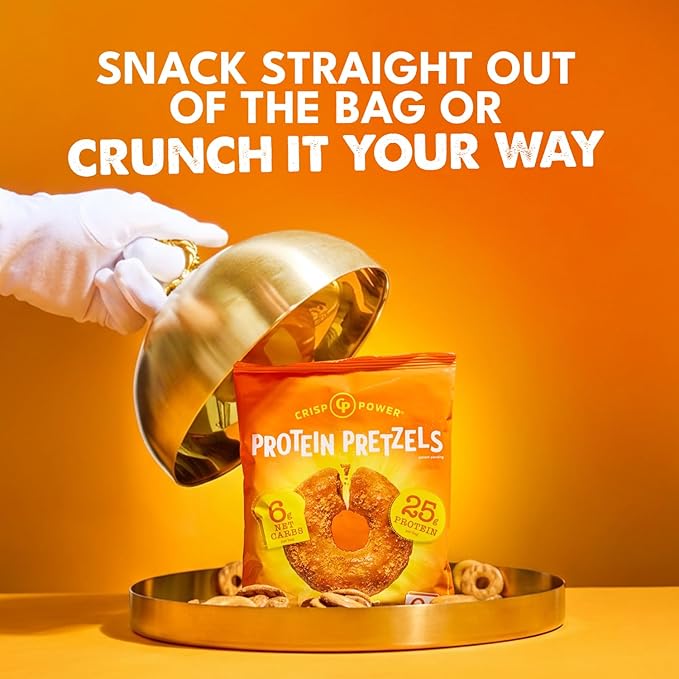 CRISP POWER Protein Pretzels NEW Cheddar 25G Protein High Protein Snack High Fiber Low Carb Crunchy Pretzel Snacks No Added Sugar 1.75 oz Bags 6 Pack Vegan Keto