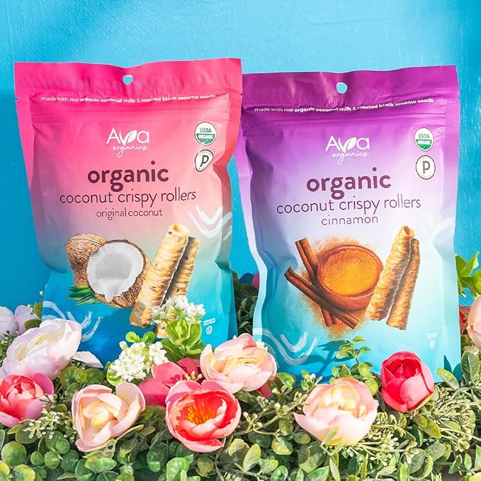 Cinnamon Coconut Crispy Rollers (2.8 oz bags) Ava Organics - Gluten Free Non-GMO Kosher Vegetarian &amp Certified Paleo Lightly Sweetened Baked Coconut Crisps (Pack of 8)