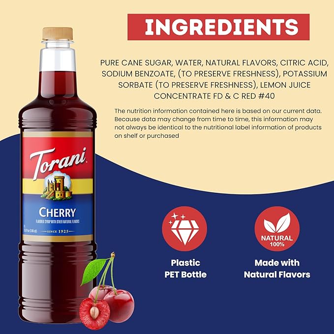 Torani Cherry Coffee Syrup 1 Liter Bottle with Pump Dispenser – Flavored Syrup for Lattes Teas Cocktails Lemonades &amp Desserts – Premium Coffeehouse Quality Drink Syrup