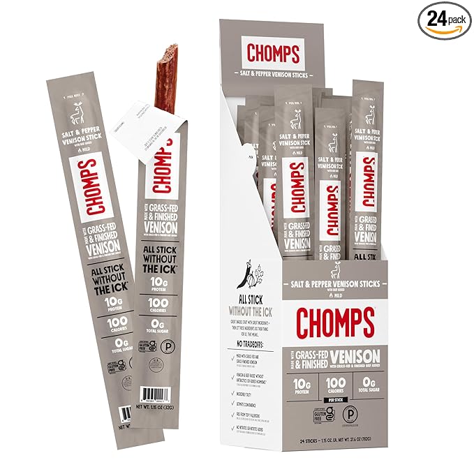 Chomps Grass Fed Venison Jerky Snack Sticks Keto &amp Paleo Whole30 Approved Non-GMO Gluten Free Sugar Free Nitrate Free 90 Calorie Snacks 1.15 Oz Meat Stick Pack of 24