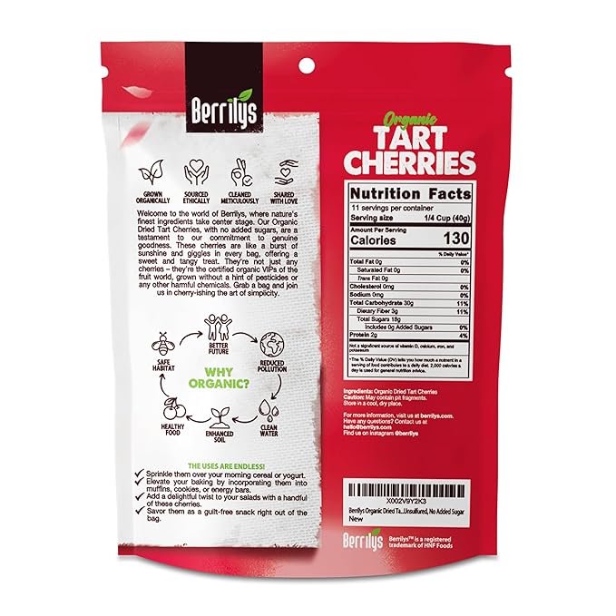 Berrilys Organic Unsweetened Dried Tart Cherries 1 lb (16 oz) - No Sugar Added Perfect for Baking Snacking &amp Salads - Unsweetened - Non-GMO Vegan Cherries for Healthy Living