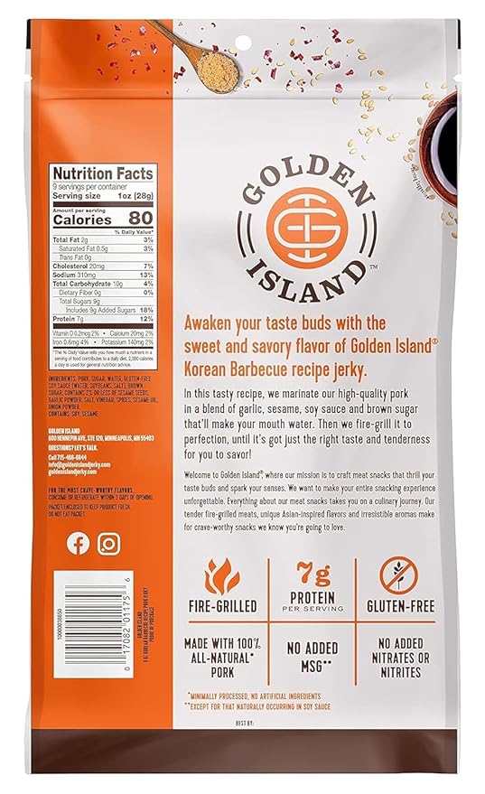 Golden Island Pork Jerky Korean BBQ Flavored Specialty Meat Snack Gluten Free with Korean Barbecue Seasoning Bite Sized Sweet and Savory Protein Snack 7g of Protein Per Serving 9 Oz (2 Pack)