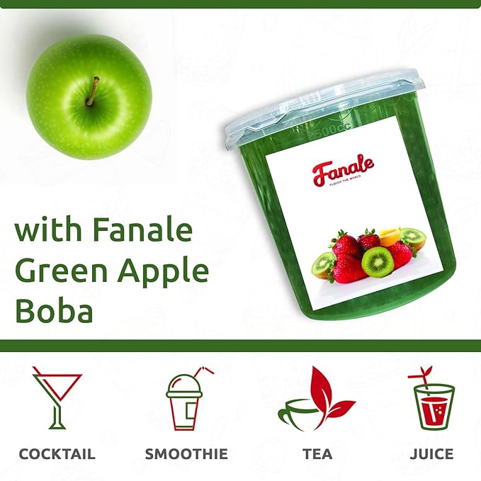 Fanale Green Apple Popping Boba Pearls Vegan Non GMO Gluten Free Fat Free Perfect for Bubble Tea Smoothies Ice Cream Desserts and Beverages.