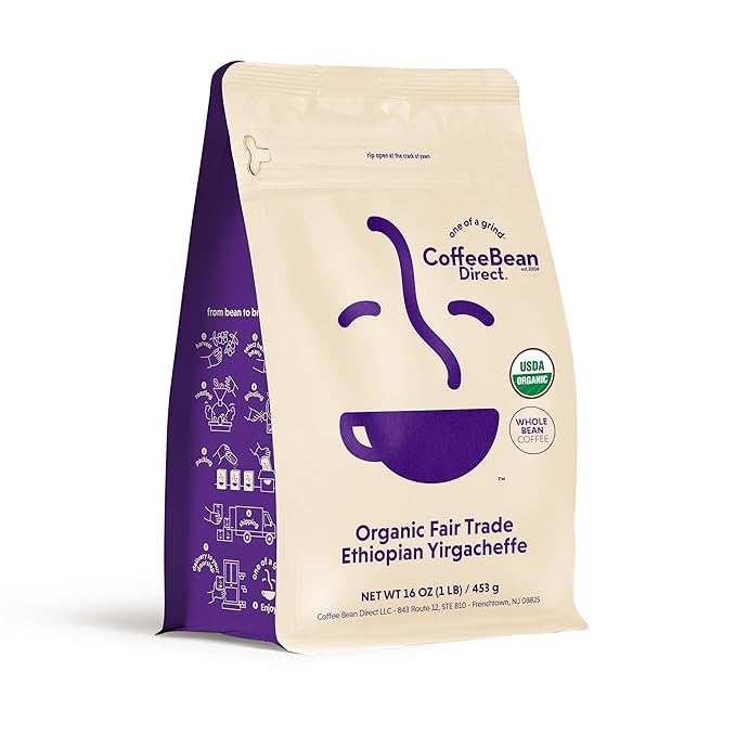 Coffee Bean Direct Organic Fair Trade Ethiopian Yirgacheffe Whole Bean Coffee Light Roast 1 Pound Bag (Pack of 1)