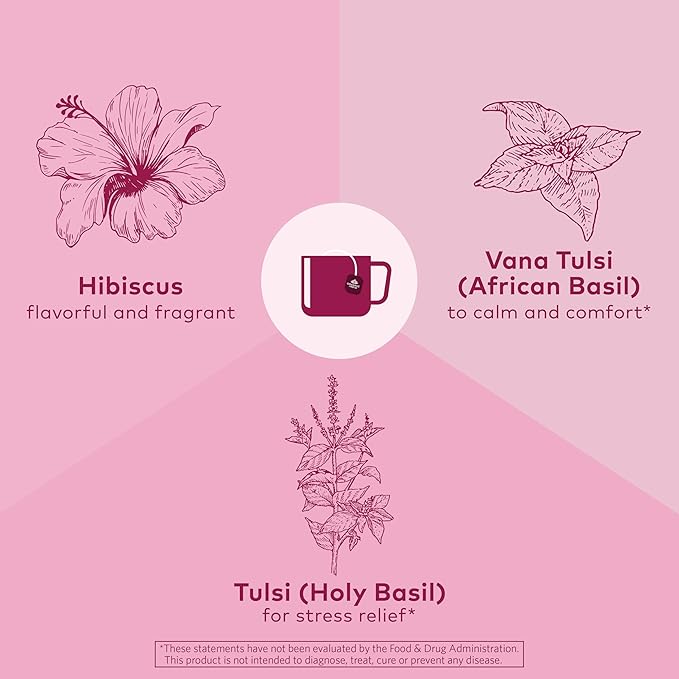 ORGANIC INDIA Tulsi Hibiscus Tea Bags - Holy Basil Herbal Tea Stress Relieving Calming Immune Support USDA Organic Caffeine Free -18 Bags 3 Pack