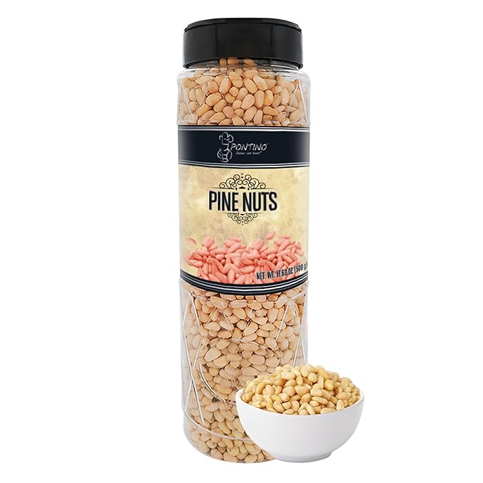 Pontino Raw Pine Nuts - Unsalted &amp Crunchy - Whole Pine Nuts for Snacking Topping Baking Pesto - All Natural &amp Non-GMO - 17.64oz (500g)