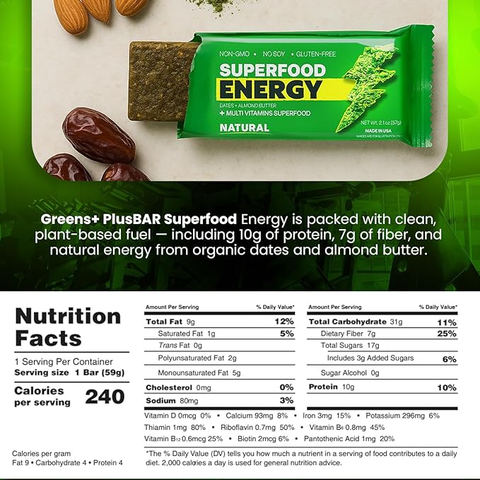 Greens+ Plusbar Energy Natural Gluten-Free Snack with Super Greens Superfoods &amp Almond Butter Vegan Dairy-Free Non-GMO 10g Protein Meal Replacement 12 Pack