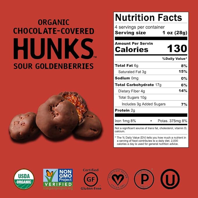 Hu Hunks Vegan Chocolate Covered Sour Goldenberries | 2 Pack | Non-GMO Gluten Free Paleo Organic Dark Chocolate