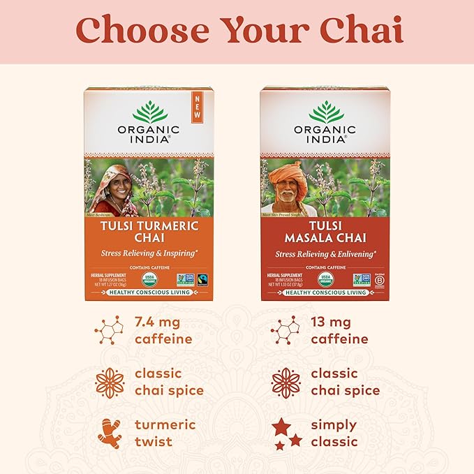 Organic India Tulsi Masala Chai Tea Bags - Holy Basil Black Tea Spices with Ginger Stress Relieving Immune Support USDA Certified Organic Antioxidant Caffeinated - 18 Infusion Bags 6 Pack