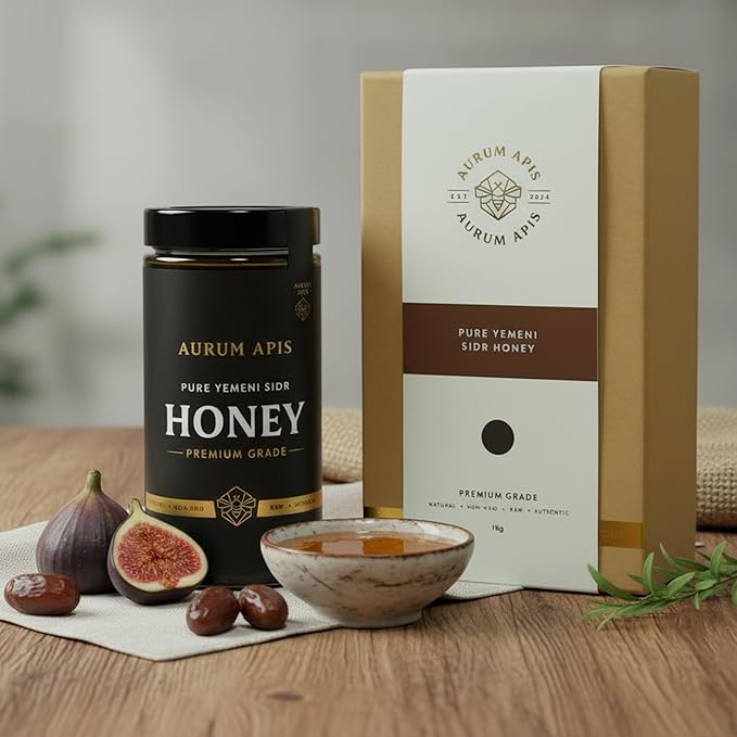 Aurum Apis Raw Yemeni Sidr Honey 100% Raw Unfiltered Pure Honey Hand Harvested Organic Honey Non-GMO Unprocessed Certified Organic Honey from Sidr Tree Blossoms Rich Flavor &amp Aroma Honey Jar
