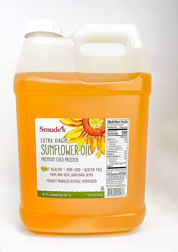 Smude's Brand Cold Pressed Sunflower Oil – 2.5 Gallon (320 oz.) Plastic Bottle (BPA Free) | Healthy &amp Versatile Cooking Oil High Oleic Heart Healthy | All Natural Chemical Free 100% Pure Unre