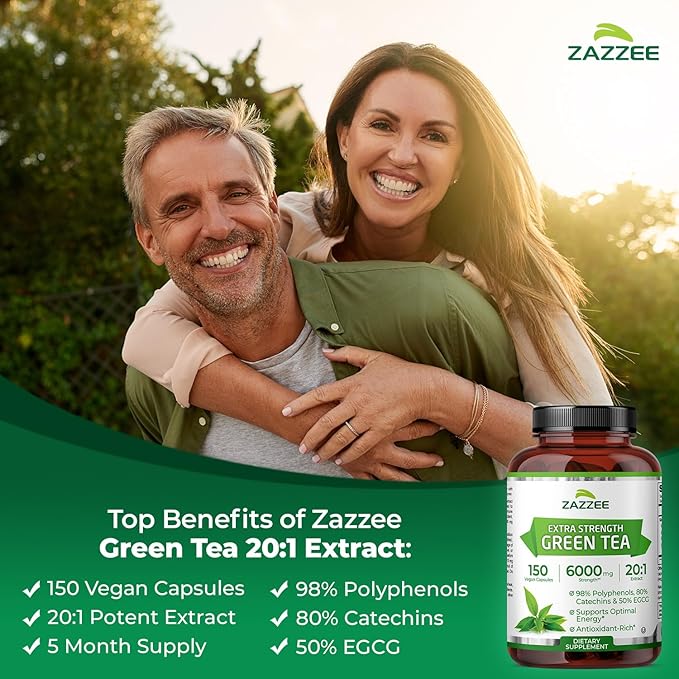 Zazzee Extra Strength Green Tea 20:1 Extract 50% EGCG 98% Polyphenols 80% Catechins 150 Vegan Capsules 5 Month Supply Certified Kosher Antioxidant &amp Metabolism Support Non-GMO Made in the