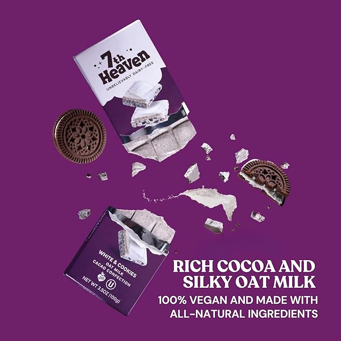 7th Heaven Vegan Oat Milk Chocolate Bars: White &amp Cookies - (3.5 oz - 4 Pack) Healthy Chocolate Perfect Valentines Gift For Your Loved Ones 100% Dairy Free Non GMO Kosher Parve Cruelty Free