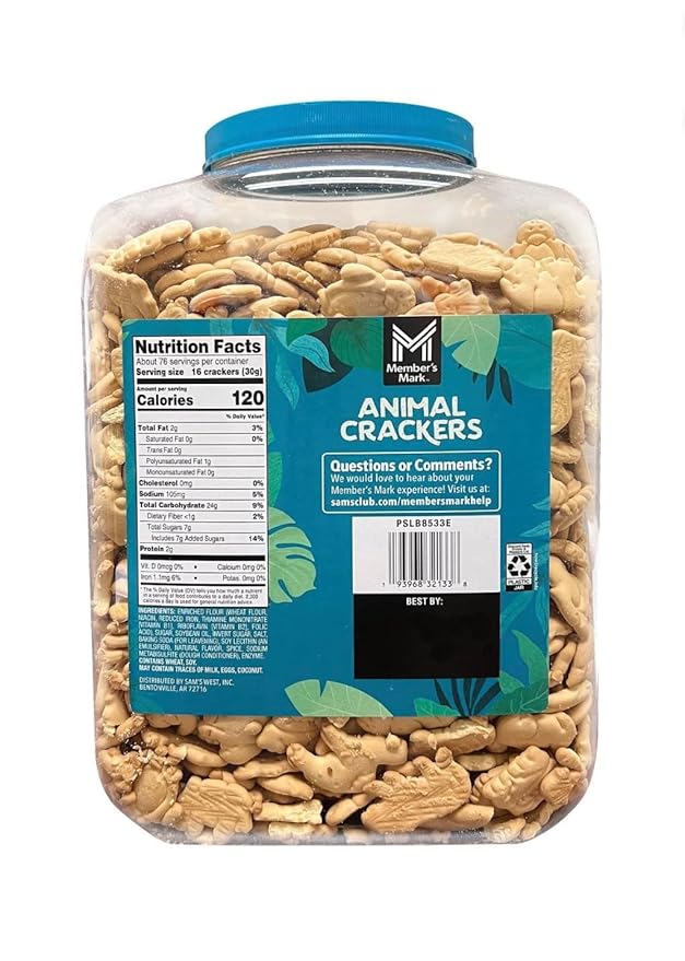 Members Mark Animal Crackers 5 lb Bulk Tub Lightly Sweet Classic Snack - A Resealable Party Size Container for Pantries Events &amp Large Groups
