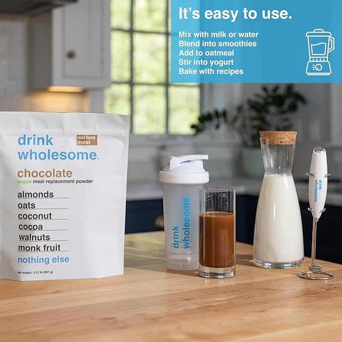 Drink Wholesome Vegan Chocolate Meal Replacement Powder for Sensitive Stomachs | Minimally-Processed Whole-Food Meal | Additive-Free Dairy-Free Gluten-Free | Low Sodium
