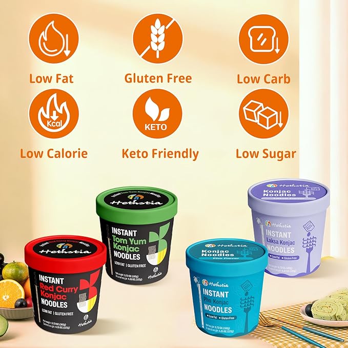 Hethstia High-Protein Ramen Cup Variety &amp Konjac Shirataki Noodle Soup Cups 14 Pack Plant-Based Low Sugar Low Fat Vegan Ready-to-Eat Meals