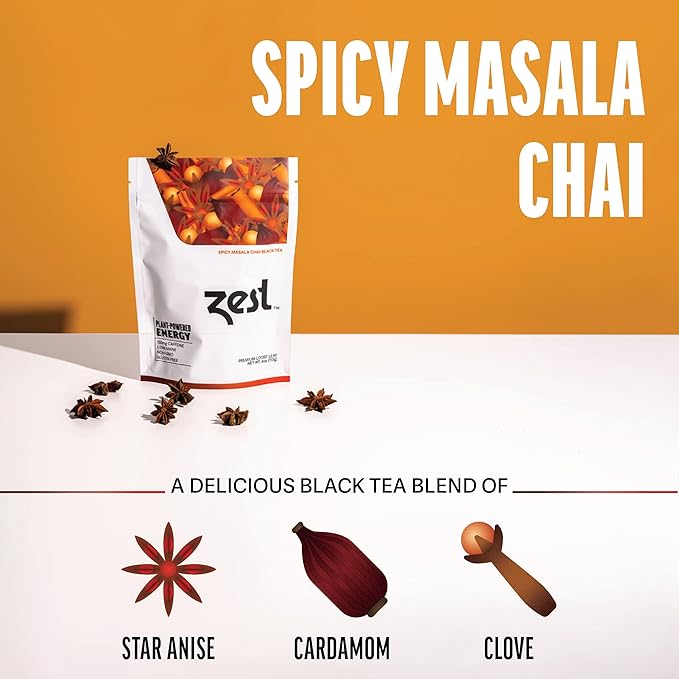 Zest Energy Black Tea - Spicy Masala Chai Loose Leaf Blend - High Caffeine Cardamom Ginger Tea with Cinnamon - Caffeinated Coffee Altnernative - Natural Non-GMO &amp Keto - 50 Servings - 150mg Caf