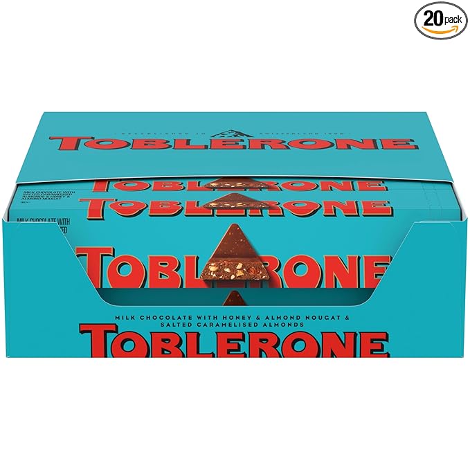TOBLERONE Milk Chocolate Bar with Salted Caramelized Almonds and Honey and Almond Nougat Bulk Chocolate 20 - 3.52 oz Bars