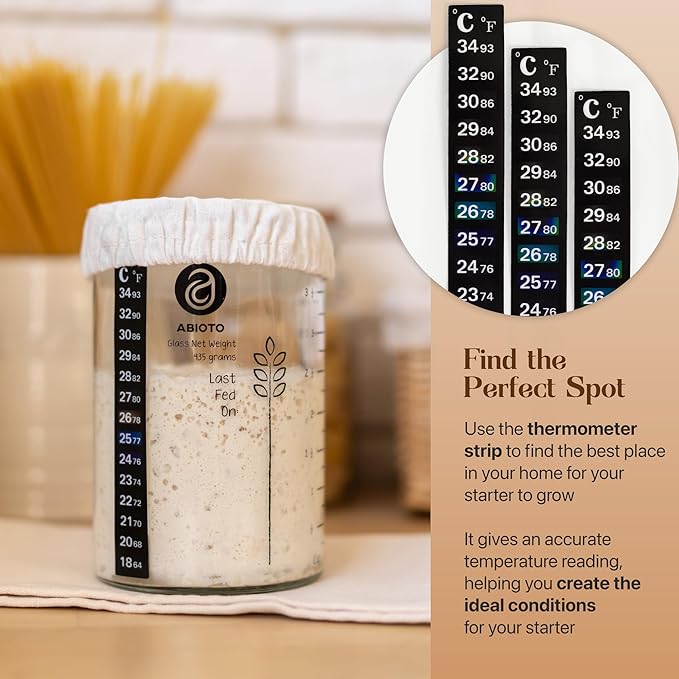 Sourdough Starter Jar Kit Includes 34 oz Sourdough Starter Jar with Metallic Lid Silicone Spatula Feeding Tracker Extra Thermometer Strips &amp Breathable Covers – Sourdough Bread Starter Kit