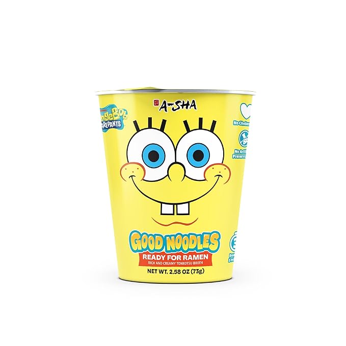 A-Sha &amp SpongeBob Squarepants Good Noodles (6 Pack) | Ready for Ramen (Mildly Spicy Flavor) | Rich and Creamy Tonkotsu Broth | Better For Your Microwaveable Ramen Soup Mix