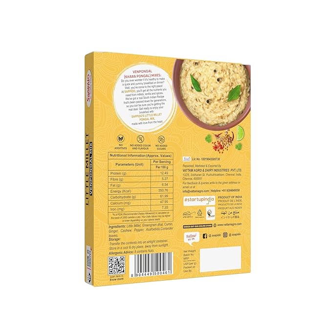 SAAPIDO Little Millet Pongal Mix | Ready to Cook Instant South Indian Breakfast | Healthy Instant Mix for Traditional Taste | (100% Natural Low GI Gluten Free &amp Diabetics Friendly Food) (0.55 lb
