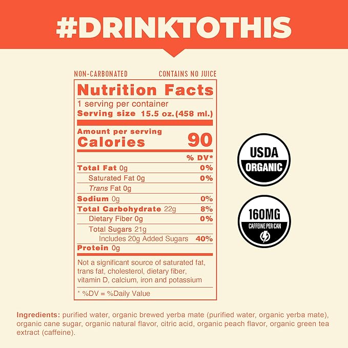 CLEAN Cause Peach Yerba Mate Tea Non-Carbonated USDA Organic Energy Drink Alternative Low Sugar 160mg Natural Caffeine Soda Alternative Plant-Based (15.5oz cans 12-Pack Case)