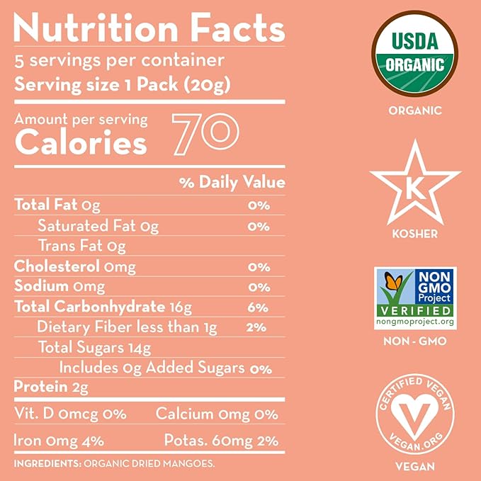 Sunny Fruit Soft Organic Dried Mangoes - 6 Bags (30 Individual Portion Packs) | No Preservatives Sulfides or Sugar Added | Healthy Convenient Dried Fruit Snack Packs | NON-GMO VEGAN HALAL KOSHER