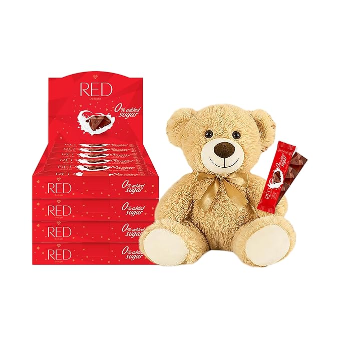 RED Delight®™ Milk Chocolate 12 Count Box of Grab N Go Travel Size Bars (0.92 Ounces Each) with a 14 Plush Teddy Bear (4 Boxes - Total of 48 Bars + 14 Plush Teddy Bear)