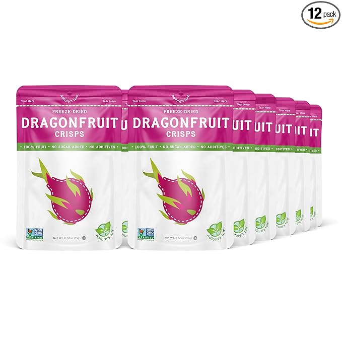 Nature’s Turn Freeze-Dried Dragon Fruit Crisps – Healthy Gluten-Free Crispy &amp Delicious Plant-Based Snack Ideal for Cereal Smoothies School Lunches &amp On-the-Go Bags of 12 (0.53 oz Each