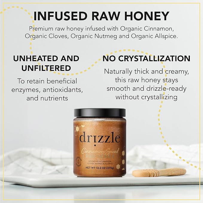 Drizzle Cinnamon Spiced Raw Honey - All Natural Pure Raw Honey with Organic Cinnamon Unfiltered Use in Tea &amp Coffee Sugar Substitute Certified Kosher - 13.2 oz Jar (375 g) Pack of 2
