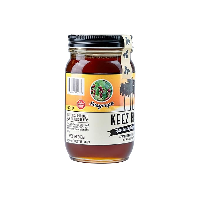 KEEZ BEEZ 100% Natural Raw Gold Honey – Seagrape 8 fl oz (0.5 lb) in Glass Jar – Organic Non-GMO Kosher Certified Light and Smooth Perfect for Teas and Yogurts