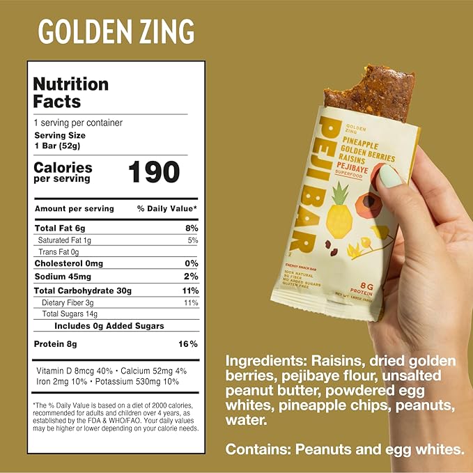 PEJI BAR Superfood Energy Bars | Golden Zing Pineapple Golden Berry Flavor | Gluten Free 8g Protein Fiber Whole Ingredients No Sugar Added | Adventure Ready Snack 12 Count