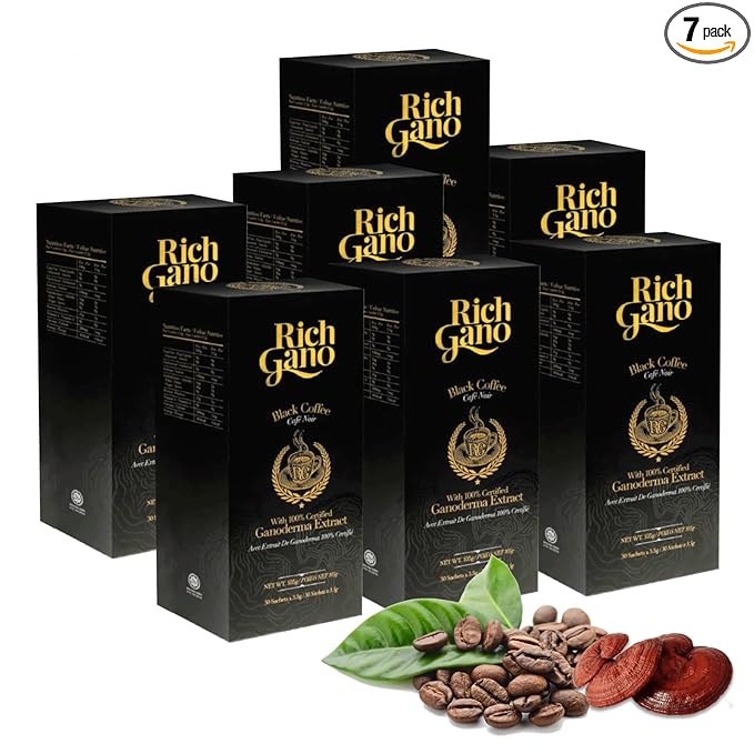 Rich gano Reishi Mushroom Coffee – (7 Boxes of 30 Sachets) Black Coffee with Ganoderma Extract – All Natural Vegan Friendly Instant Coffee Packets – Zero Jitters Energize Support