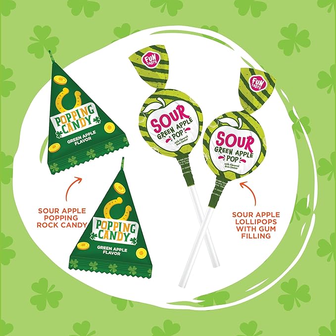 St Patrick's Day Candy Mix - 4 Pound Bulk Pack - Sour Apple Popping Rocks and Gum-Filled Lollipops - Individually Wrapped Party Favors &amp Goodie Bags Fillers - Sour Candy