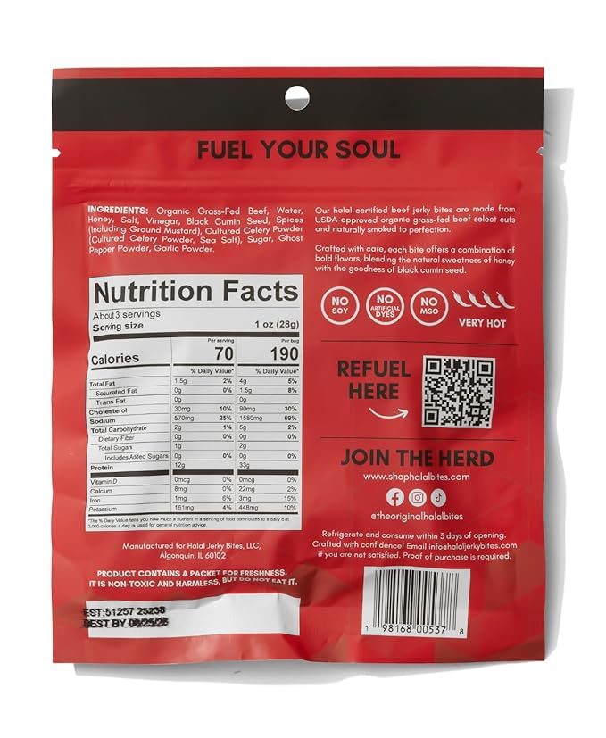 Mixed Flavor 3-Pack (Bulk Size) Halal Bites Ghost Pepper Flavor Beef Jerky Original Ghost Pepper + Chipotle Flavors Organic Grass-Fed Beef Naturally Smoked Infused with Honey &amp Black Cumin Se