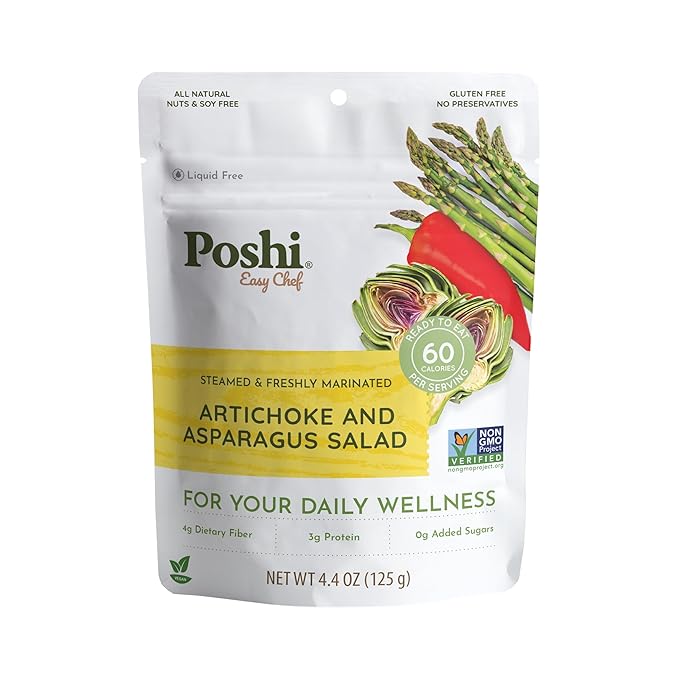 POSHI Artichoke &amp Asparagus Salad Natural Keto Vegan Non GMO Low Carb + Calorie Gluten Free Ready to Eat Fully Cooked Vegetables Pentry Food Gourmet Healthy Travel Food 6 Pack 4.4 oz