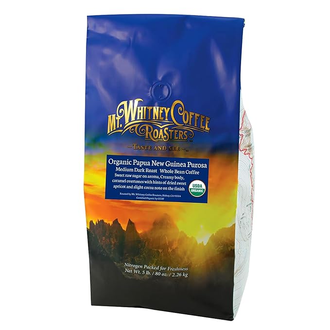 Mt. Whitney Organic Papua New Guinea Medium Dark Roast Low Acid Coffee (Whole Bean 5Lb)