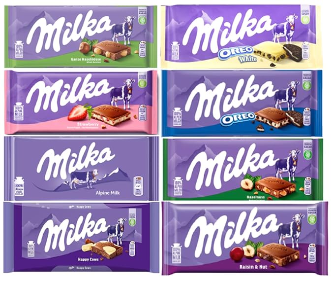 Milka European Chocolate Bars Variety Pack of 8 Full Size Bars No Duplicate Chocolate