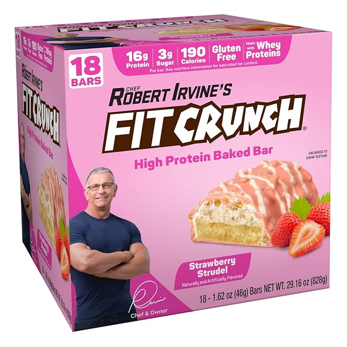 FITCRUNCH Snack Size Protein Bars 6-Layer Baked Bar 3g of Sugar &amp Soft Cake Core (18 Bars Strawberry Strudel)
