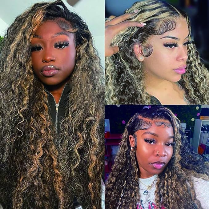 Deep Wave Lace Front Wigs Human Hair Fb/27 250% Density 9x6 Glueless HD Lace Frontal Wigs Human Hair Pre Plucked Ombre Lace Front Wig Balayage Highlight Glueless Wigs for Women 18 Inch