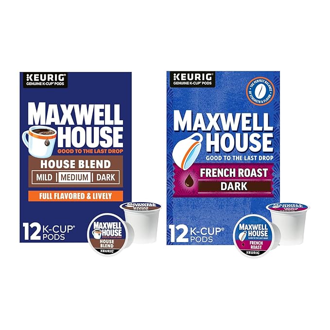 Maxwell House K-Cup Coffee Pods House Blend Medium Roast 12 CT + French Roast Dark Roast 12 CT (Variety Pack)