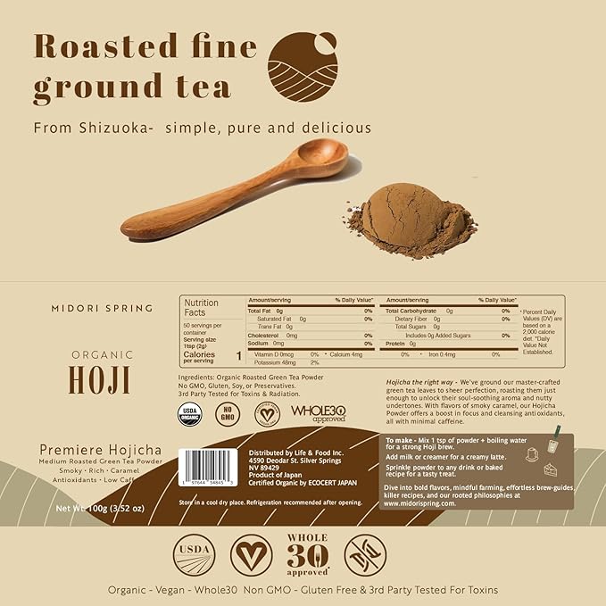 Midori Spring Organic Hojicha - Smooth Roasted Green Tea Powder Antioxidants Low Caffeinie USDA Vegan NON GMO Japanese Masters Roast