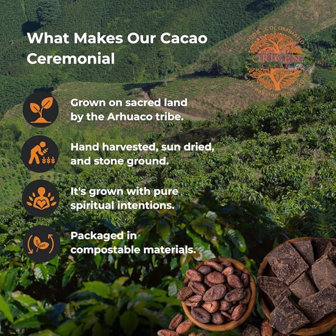 Origen Ceremonial Cacao – 100% Natural Ceremonial Grade Cacao – Unsweetened &amp Anti Oxidant Pure SuperFood – Indigenous Criollo from the Arhuaco Tribe – Vegan Gluten-free – 16 oz Block