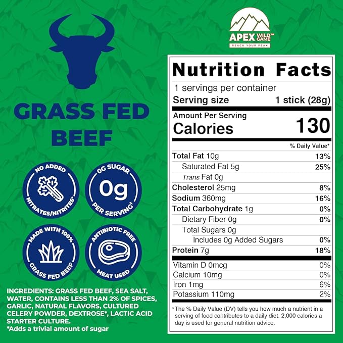 Apex Wild Game Gluten Free Keto Paleo Grass Fed Beef Zero Sugar Jerky Meat Snack Stick 1oz 12-Pack Grass Fed Beef