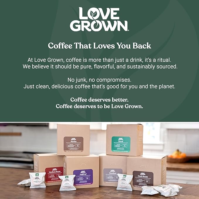 Love Grown Compostable Coffee Pods - Compatible With Most Major Coffee Pod Brewers - 100% Arabica Plastic-Free Non-GMO - Medium Roast Box of 15