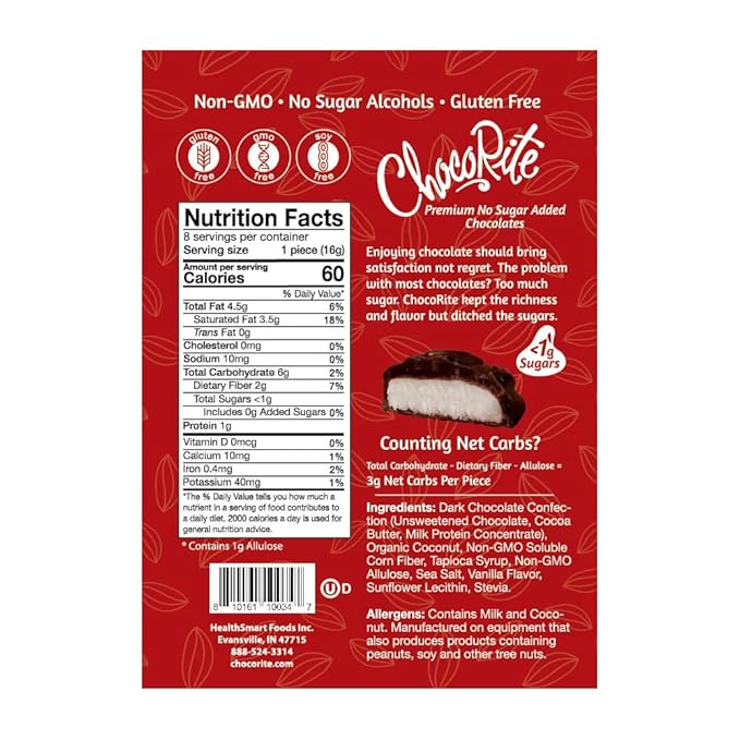 ChocoRite Dark Chocolate Coconut | No Added Sugar | Gluten Free Soy Free Non-GMO | No Sugar Alcohols | Pack of 6 Pouches