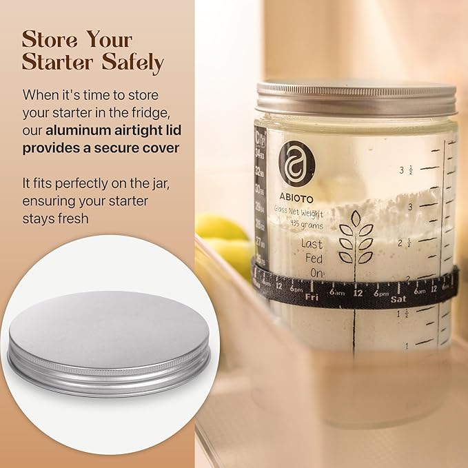 Sourdough Starter Jar Kit Includes 34 oz Sourdough Starter Jar with Metallic Lid Silicone Spatula Feeding Tracker Extra Thermometer Strips &amp Breathable Covers – Sourdough Bread Starter Kit