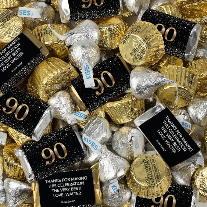 200pcs Personalized 90th Birthday Candy Kit Chocolate Party Favors for Guests Candy Buffet Supplies (Custom Wrapped Miniatures Kisses Peanut Butter Cups) - 90th