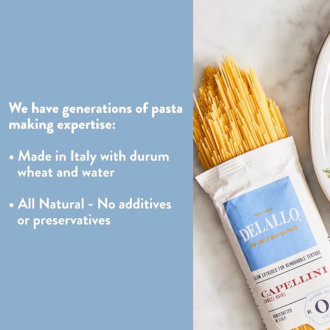 DeLallo Capellini Pasta Angel Hair Pasta Made in Italy Made with Only 100% Durum Wheat Semolina Flour Bronze Cut All Natural Non-GMO Kosher Vegan 1 Pound Bag (8 Pack)